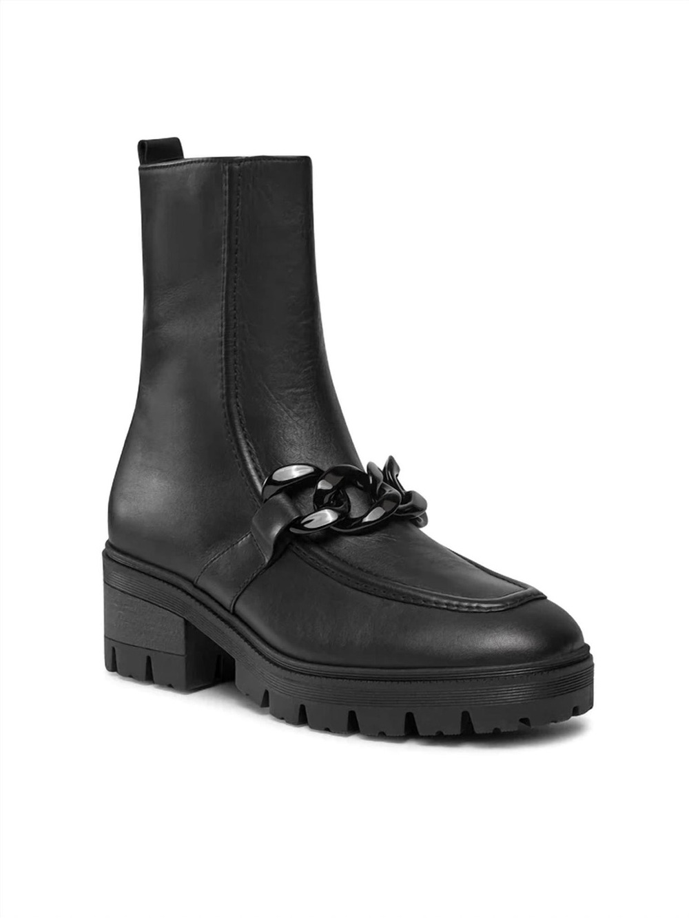 Gabor Black Leather Square Toe Lug Sole Chelsea Boots Chainlink Trim 6.5